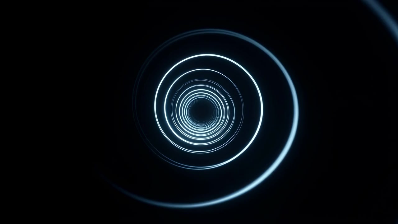 Blue Neon Spiral Tunnel Of Light, Minimal Black Background, Concentric Rings Rotating Inward, Slow Motion