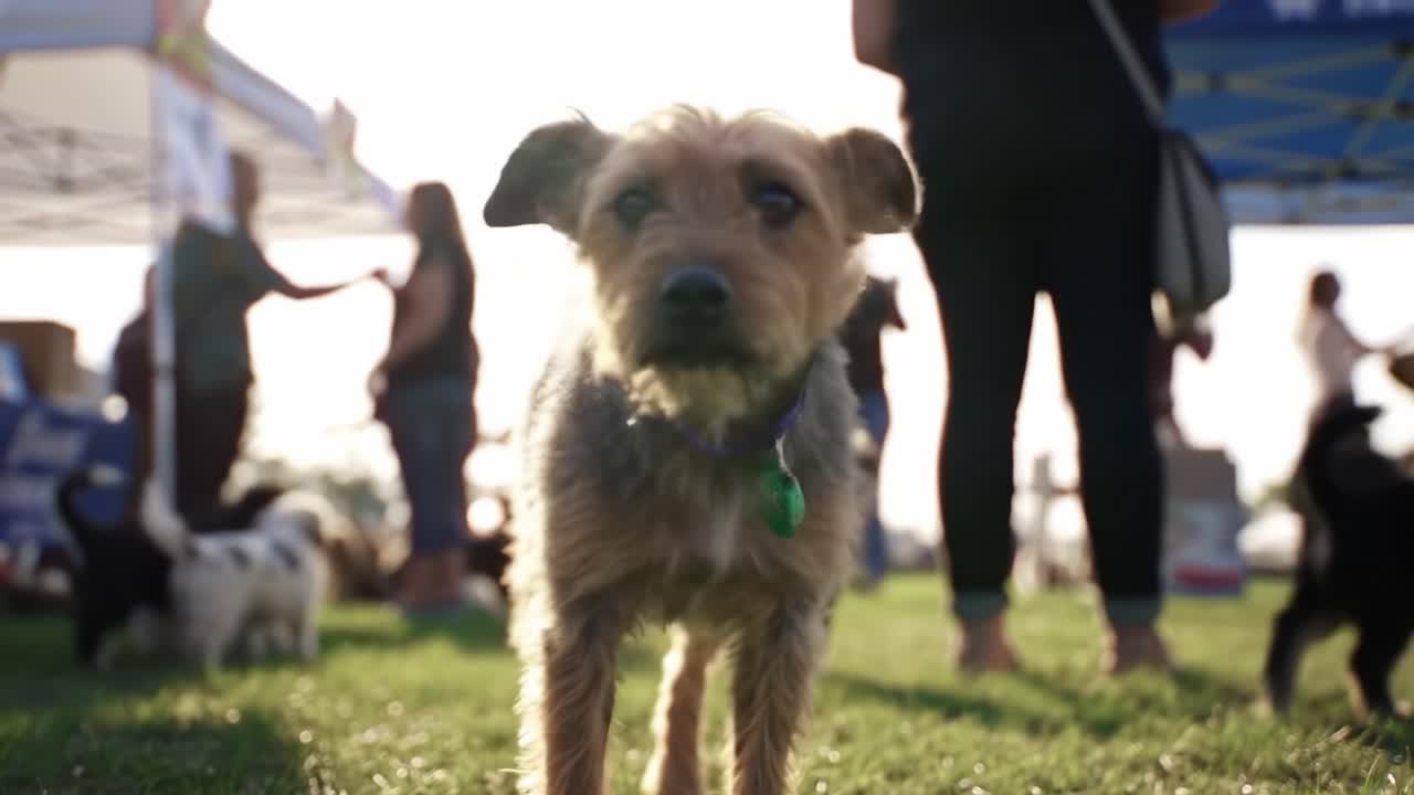 A Playful Dog Strolling Through a Dog Event Surrounded by Fellow Canines and Enthusiastic Visitors, Celebrating Joy and Companionship in the Sunshine