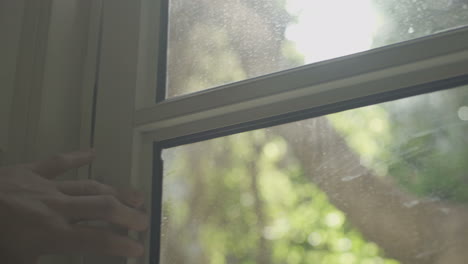 cerrando una ventana a mano - árboles y arbustos verdes en el fondo