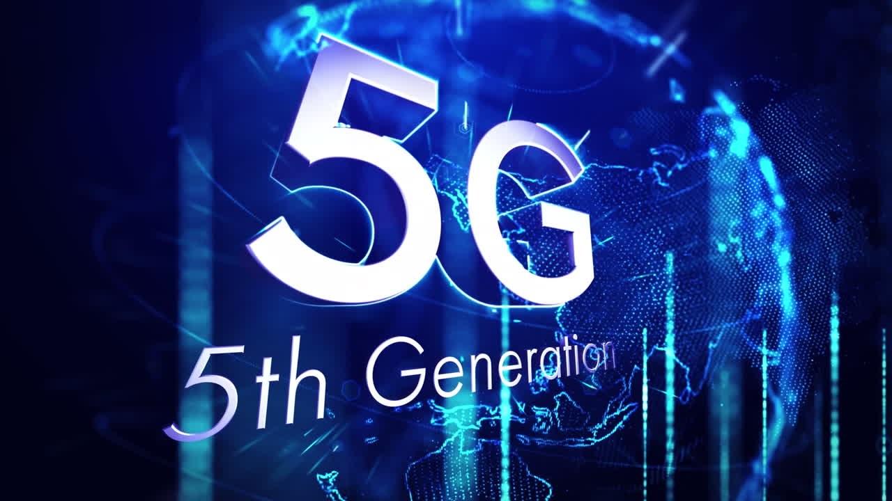 animazione di forme rosse e rosa su 5g e globo rotante nello spazio blu