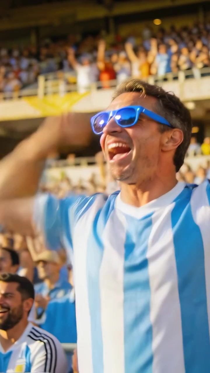 Video vertical: Reaccionando a la ovación, aficionado con camiseta azul levantando los brazos, gritando junto a la bandera de Argentina en la grada