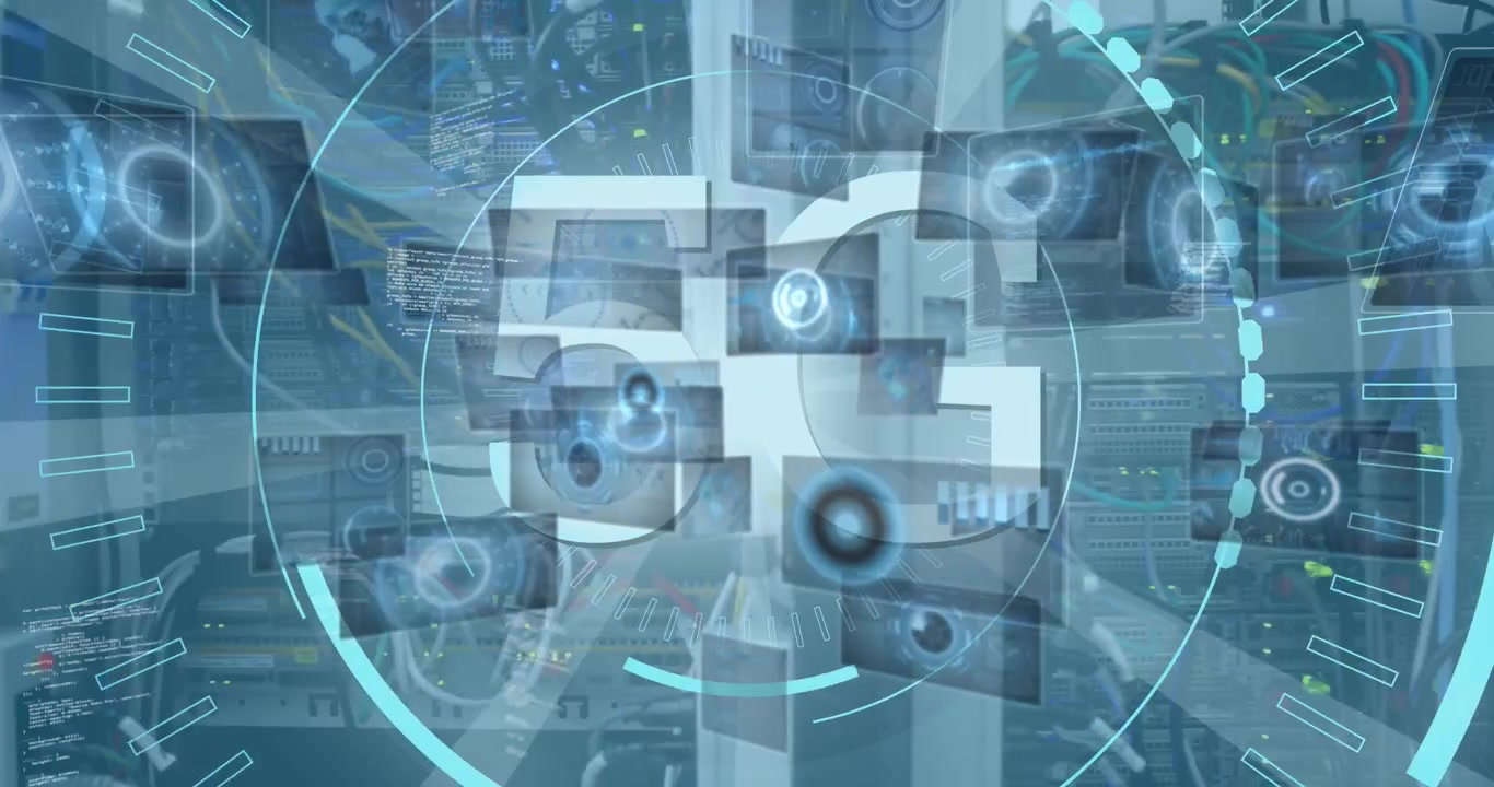 Animation of scope scanning with 5g text over server room