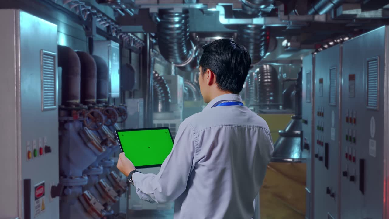 Back View Of An Asian Male Professional Worker Standing In Engine Control Room, Checking On Tablet With Green Screen And Look At The Factory Once