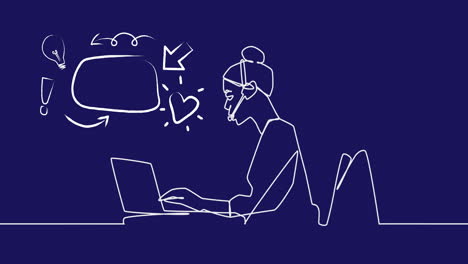 animación del dibujo de una mujer de negocios usando auriculares de teléfono sobre burbuja de habla e iconos