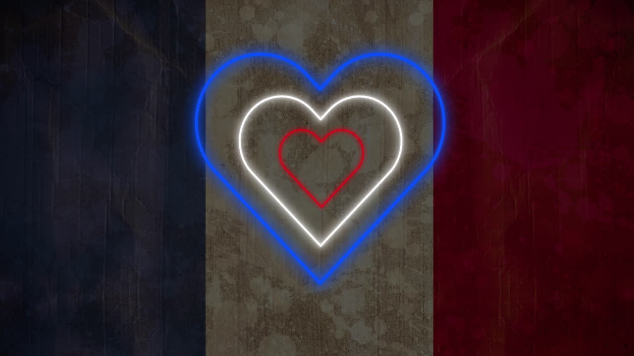 Animação de corações concêntricos neon vermelho, branco e azul piscando em um fundo com a bandeira francesa.