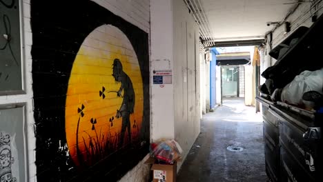 Graffiti-of-a-girl-taking-some-kind-of-nuclear-flowers-in-an-alley