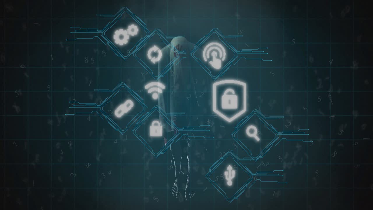 Animation of digital security icons with network connections on dark background