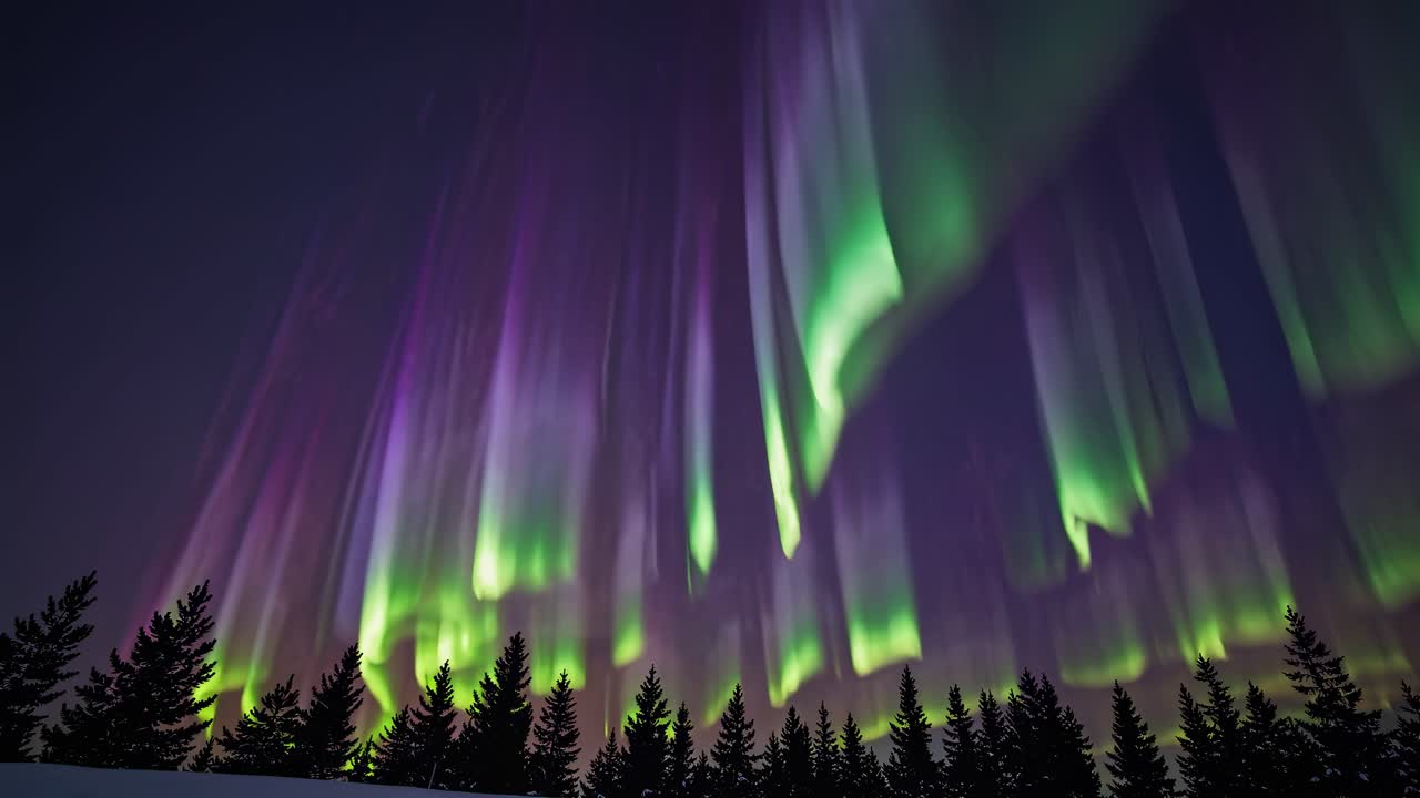 Un video time-lapse ipnotico dell'aurora boreale, ripreso da un angolo basso, che mette in mostra colori vivaci