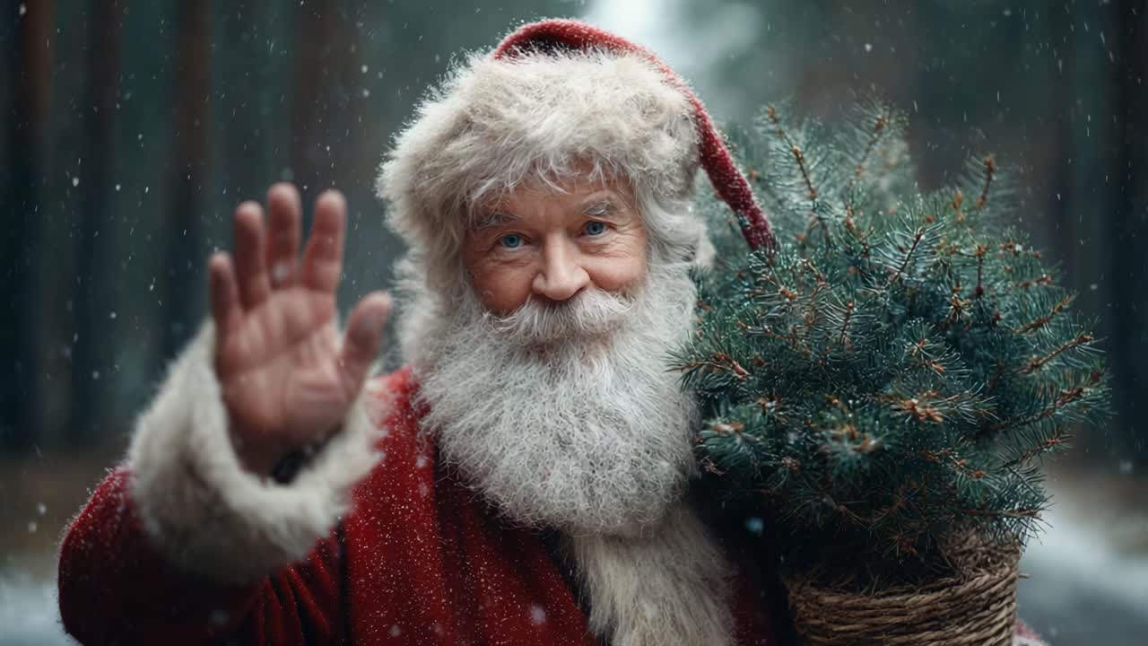 A jolly figure with a fluffy white beard and a red robe, cheerfully waving while holding a basket of fresh greenery, surrounded by a serene snowy forest backdrop