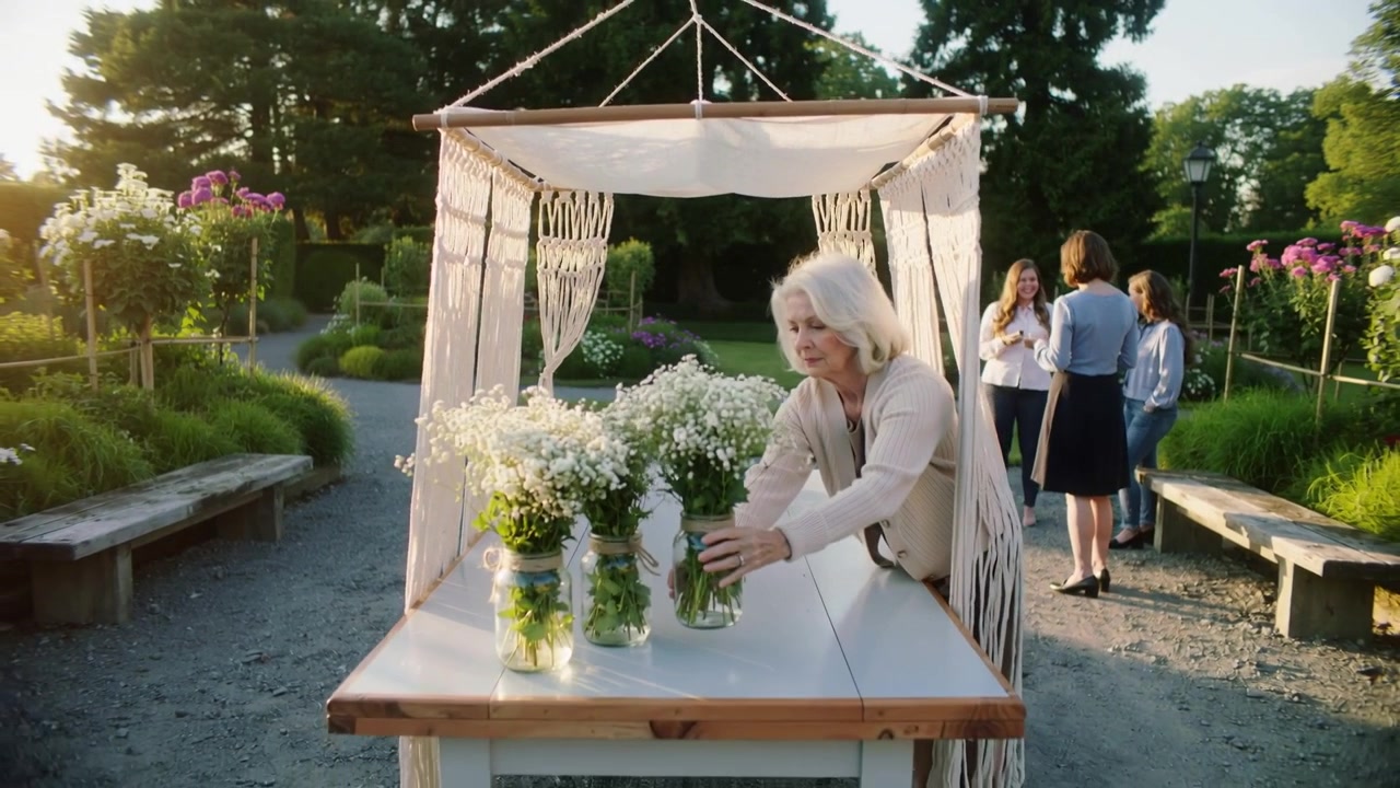 Coming from right senior in cardigan arranging mason jars on table under macrame canopy, prepping