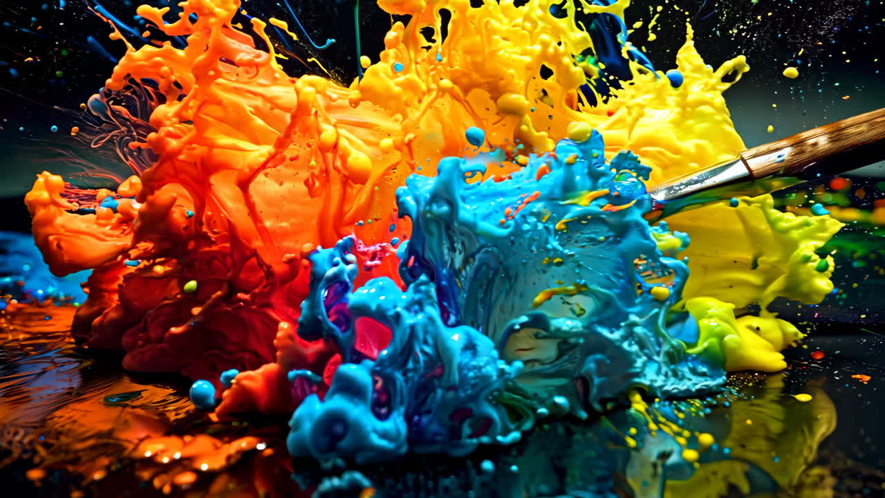 A painting with a brush in the middle of it. The brush is covered in paint and the painting is a mix of colors. The mood of the painting is vibrant and energetic