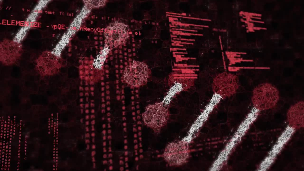 animación de una cadena de adn que gira sobre el procesamiento de datos en el fondo