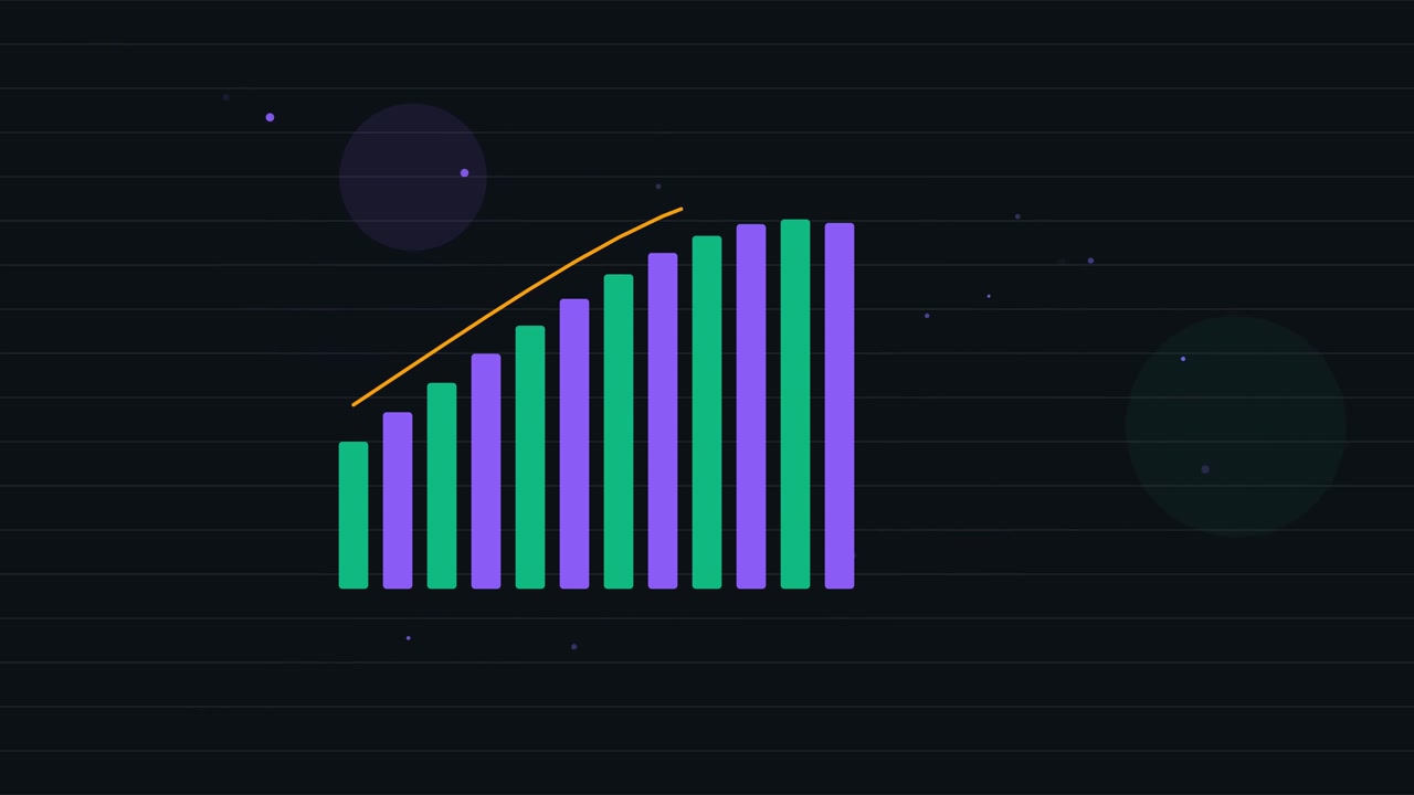 Grafico a barre animato che mostra la crescita su sfondo scuro.
