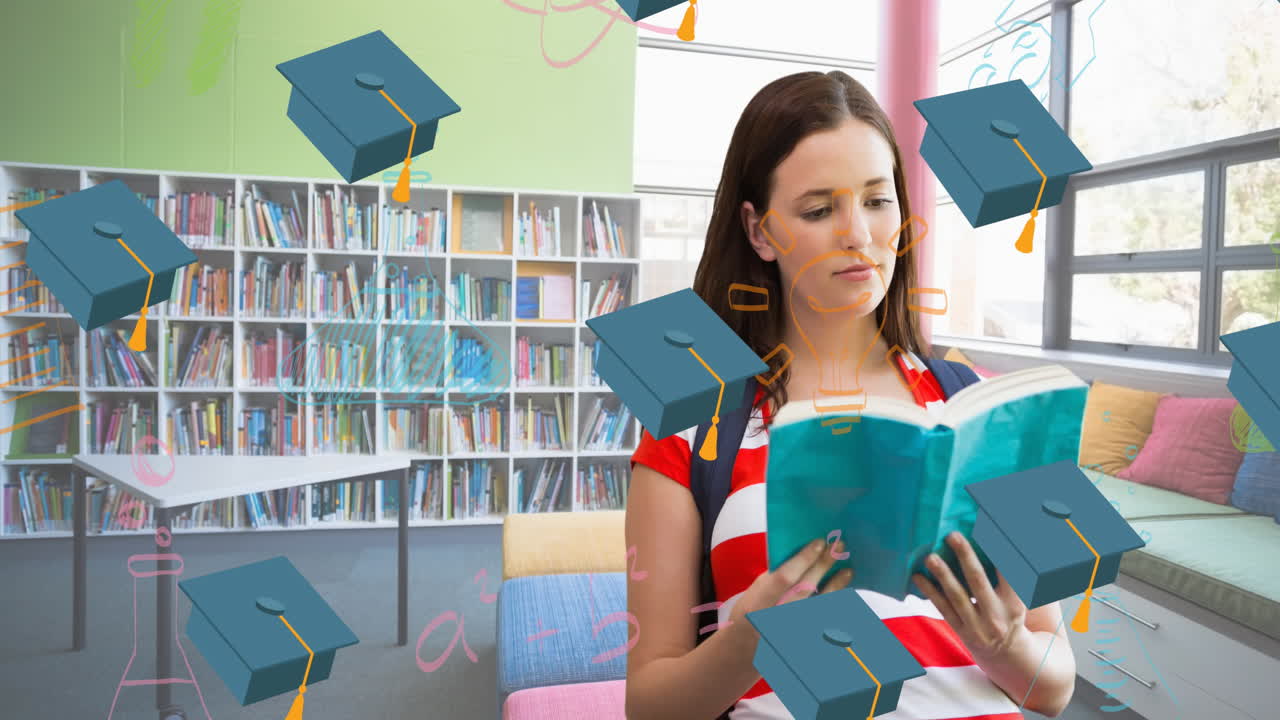 animación de sombreros de graduación cayendo sobre una estudiante caucásica con un libro