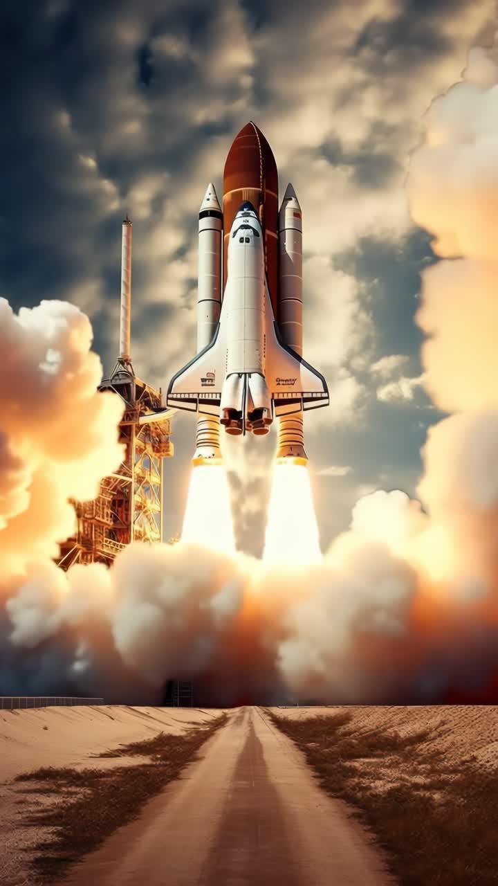 Drammatica inquadratura dal basso di una navetta spaziale in fase di lancio, che cattura la potente spinta e il fumo