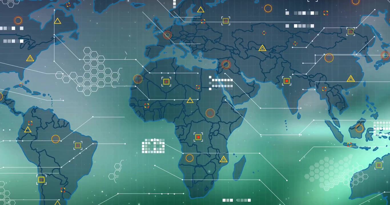 Map opening, borders fading, pulsing markers linking lines, camera panning over global data network