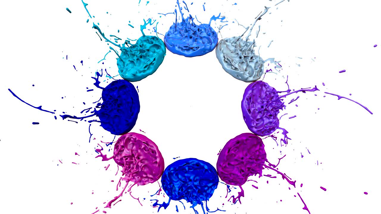 3d splashes of liquid. Paint bounce in 4k on white background. Simulation of splashes of ink on a musical speaker that play music. version shades of blue 7