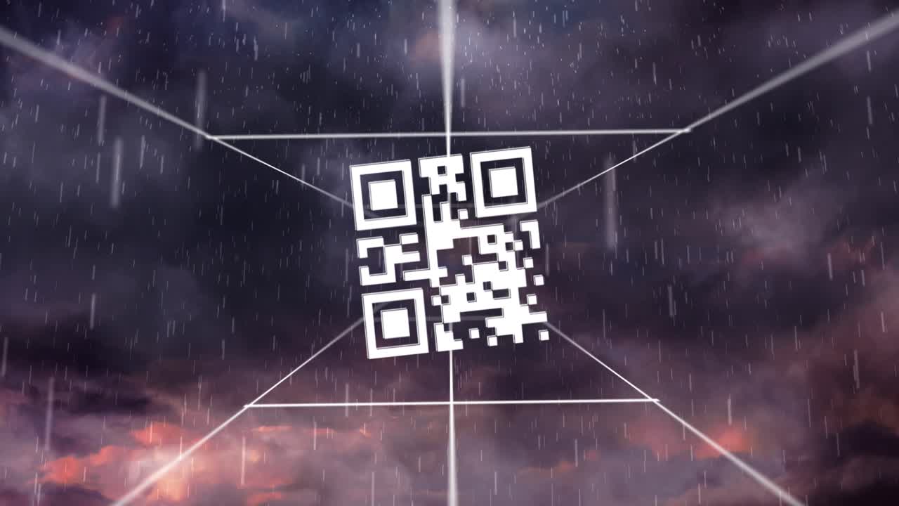 Animation of qr code over sky with clouds and rain