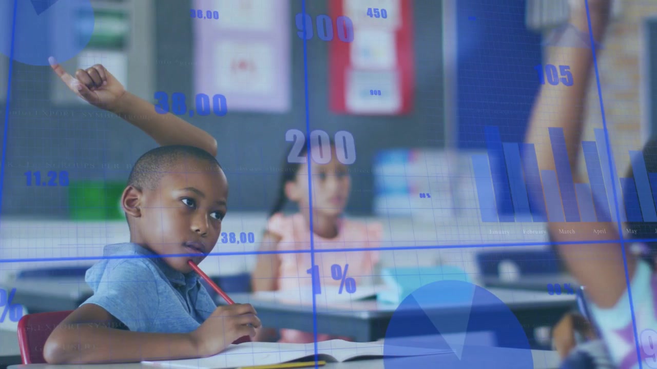 Front-left boy raising hand following teacher prompt in classroom, blue data overlay shifting