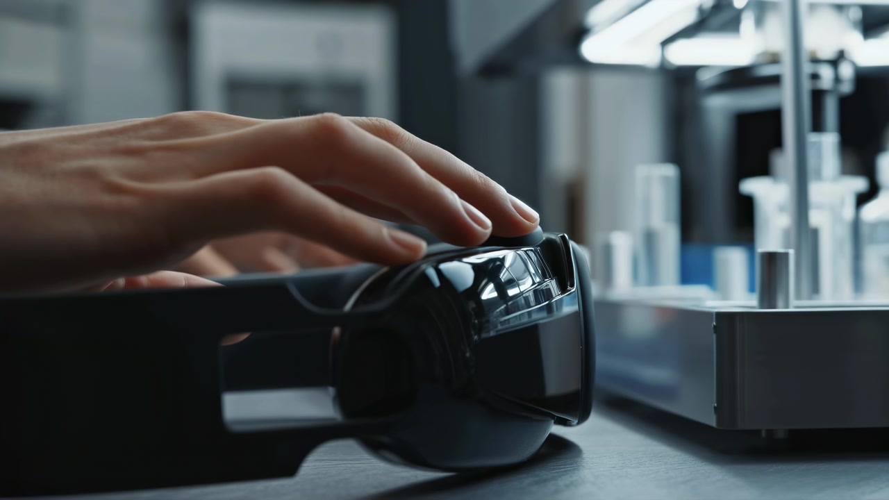 Close-up of a hand resting on a computer mouse at a desk with blurred office equipment and cool indoor lighting in the background
