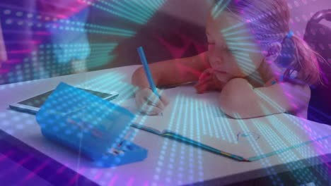 Animation-of-abstract-pattern-over-caucasian-girl-drawing-in-book-at-classroom