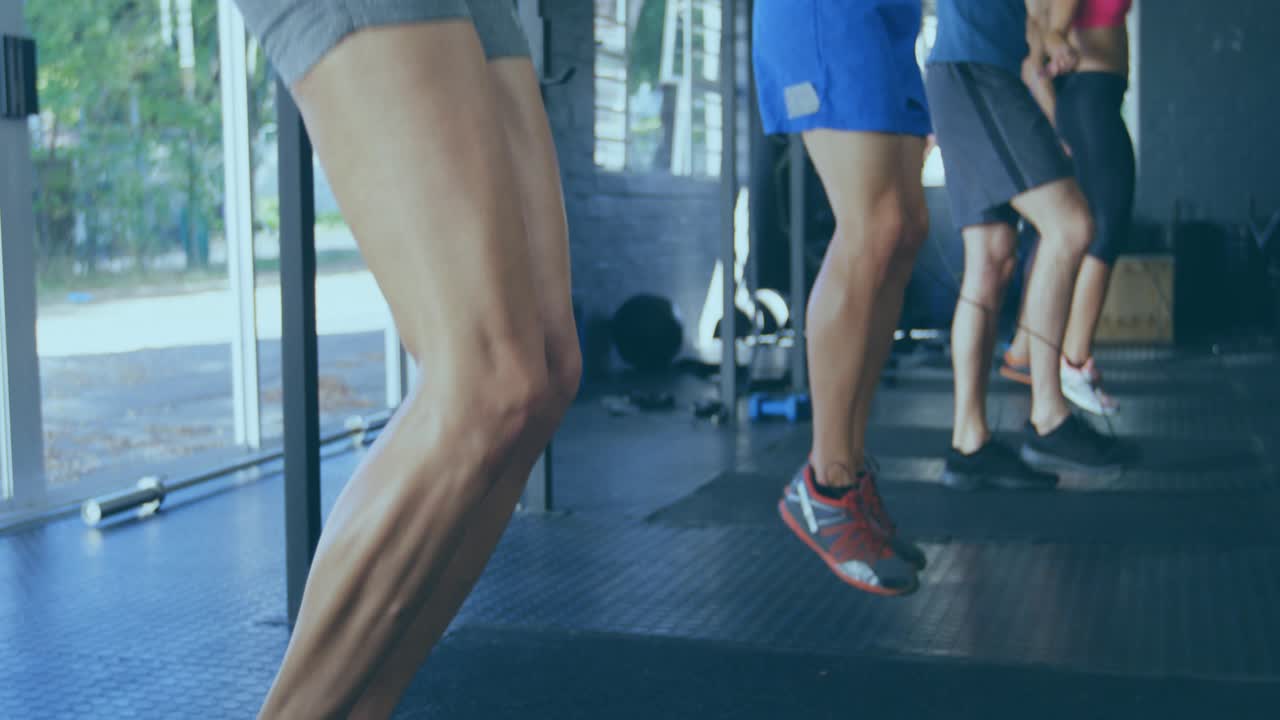 Woman leading skipping rope fitness class, purple diamond sliding in forming Flash Sale overlay