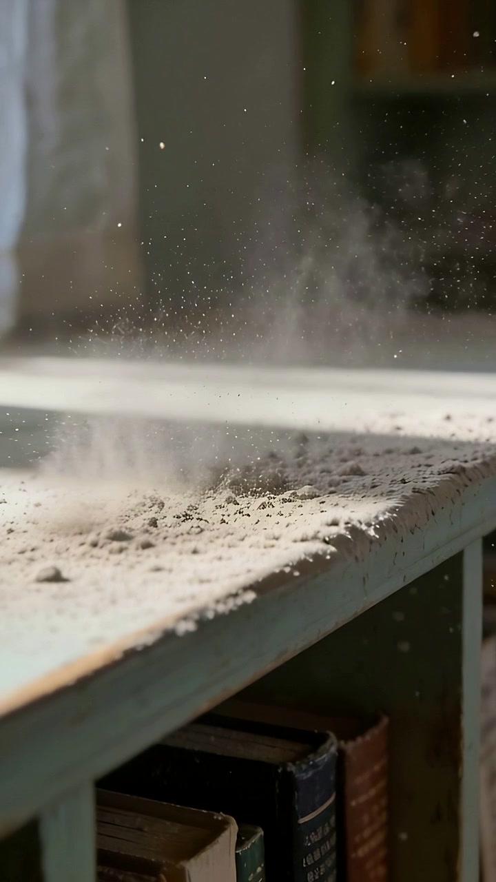 Vertical video: Dusty shelf releasing dust after disturbance in study, with books and sunlight