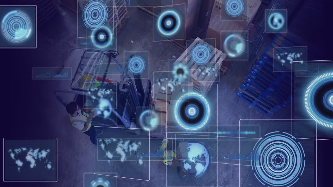 animación del procesamiento de datos con escaneo de alcance sobre diversos trabajadores en el almacén