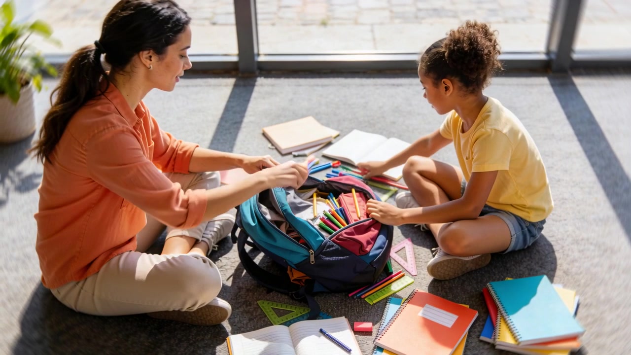 Mãe com blusa coral e criança com camiseta amarela abrindo mochila, alcançando e organizando lápis para a escola em casa.