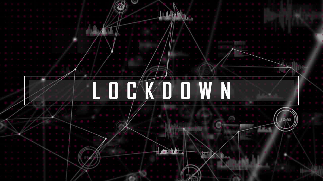 animación del texto de bloqueo de covid 19 a través de redes de conexiones y procesamiento de datos