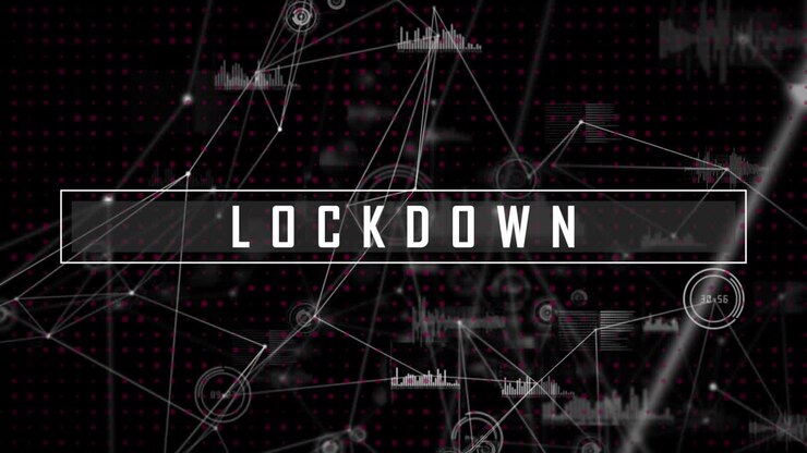 Animatie van COVID-19 lockdown tekst over netwerken van verbindingen en gegevensverwerking