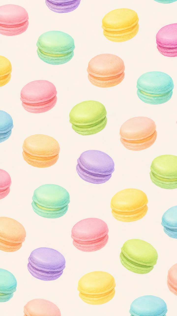 Colorful macarons pattern in pastel hues, viewed from above. The playful, whimsical style is perfect