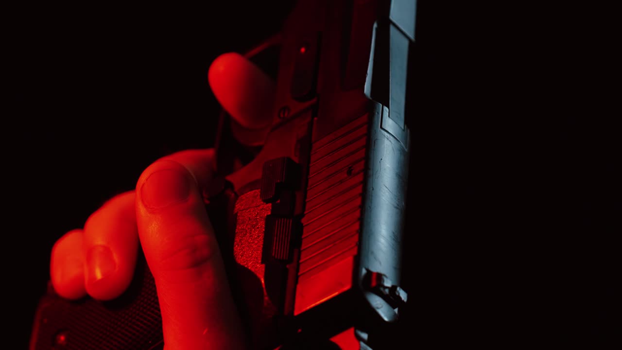 A cinematic close-up of a hand gripping a pistol illuminated by dramatic red lighting against a dark background, symbolizing tension, control, or a high-stakes moment