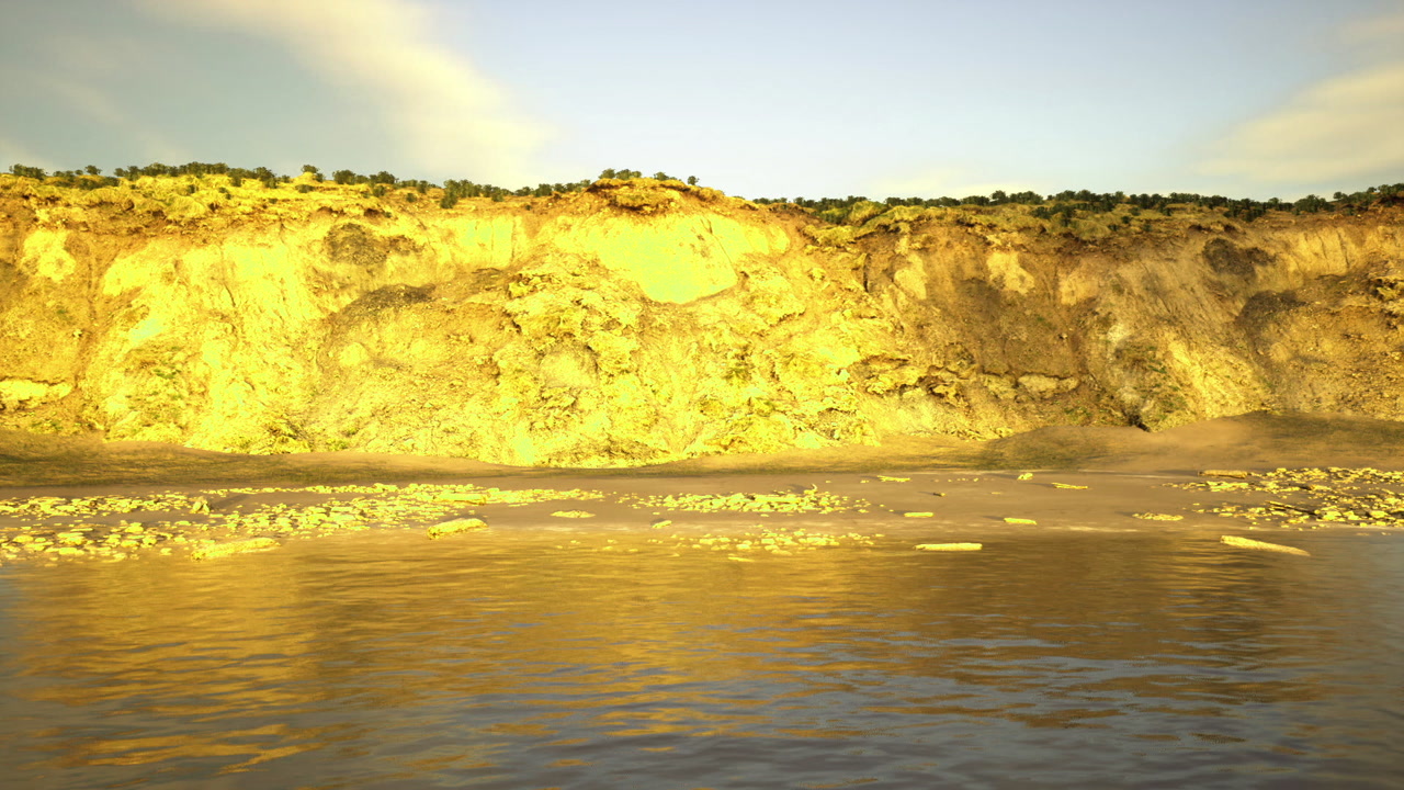 Gentle evening along coast with shimmering reflections and soft clouds