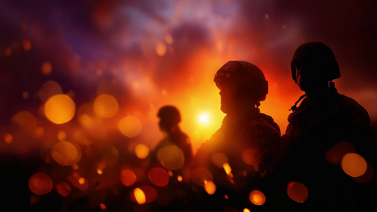 Silhouettes of Soldiers Against a Fiery Sunset Background, Capturing the Essence of Courage and Resilience Amidst a Dramatic and Colorful Sky, Representing the Bravery of Those Who Serve in the Armed Forces