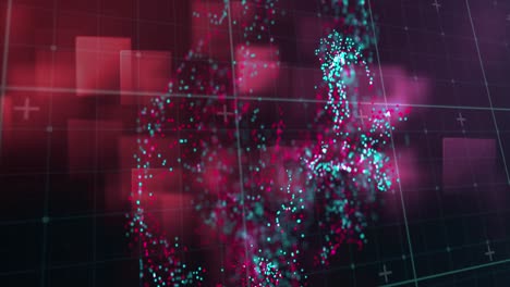 Animation-Einer-Digitalen-Welle-über-Einem-Gitternetz-Vor-Quadratischen-Formen-Auf-Rotem-Hintergrund