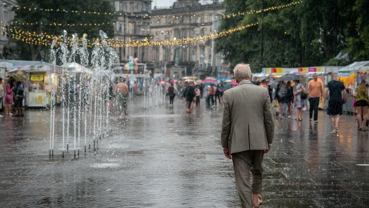 A Solemn Walk Through the Rain: A Man in a Suit Strolls Barefoot Amidst Splashing Fountains and Colorful Market Stalls on a Damp Evening