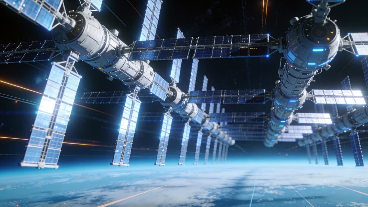 Kamera mendekat menunjukkan stasiun di atas planet dengan panel surya dan guratan oranye untuk diperiksa.