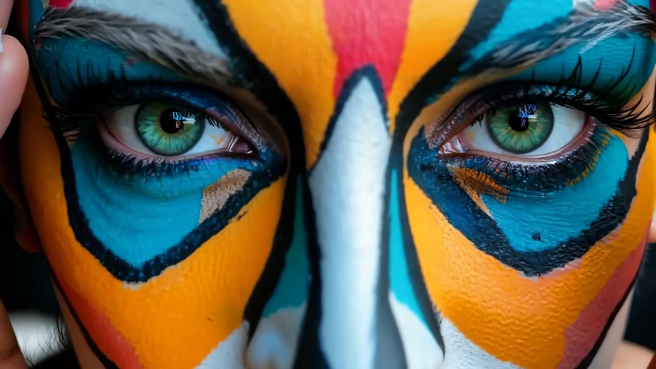 A woman with a colorful face painted like a tiger