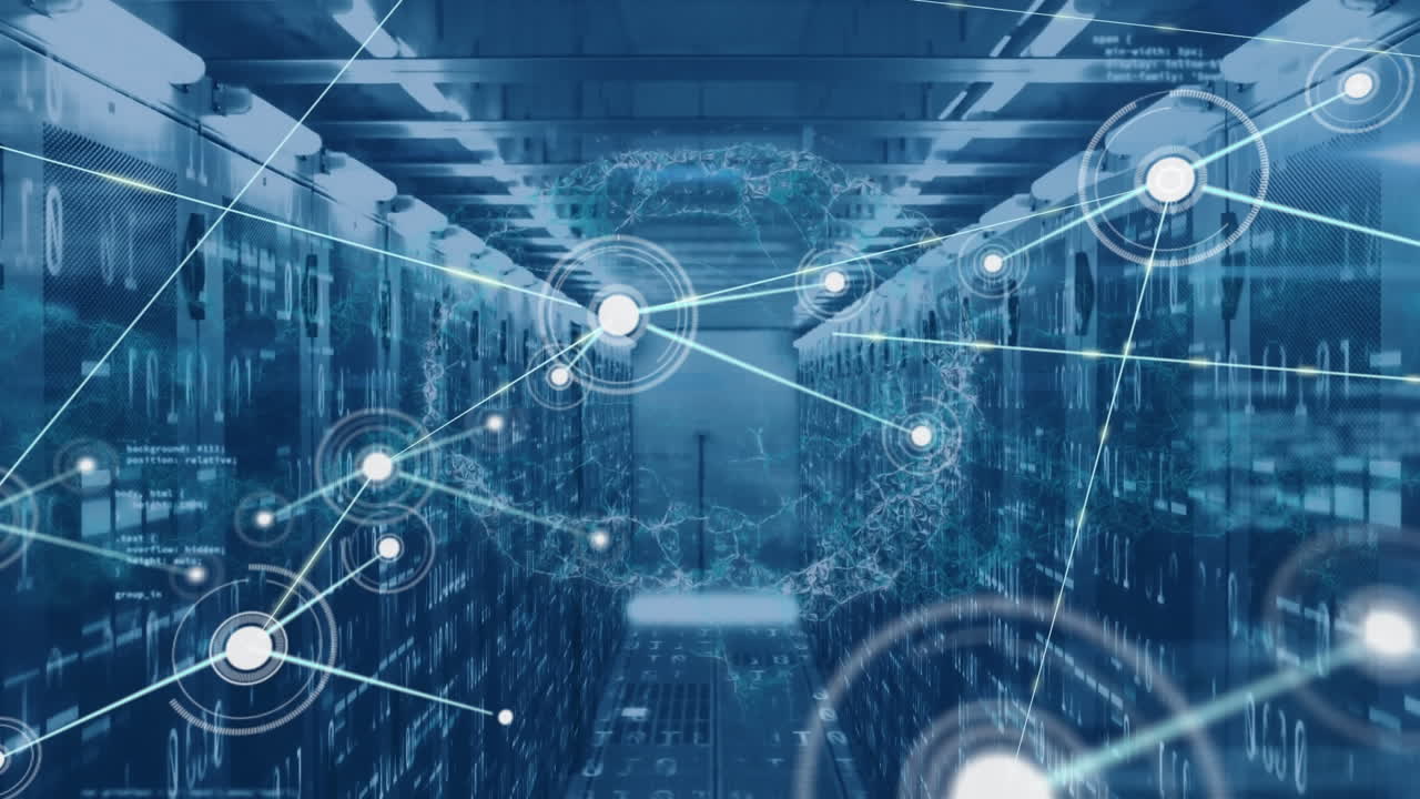 Animation of network of digital icons over spinning human brain against computer server room