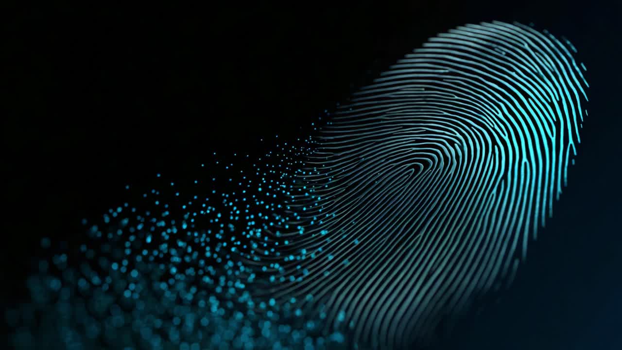 Intricate Digital Representation of a Fingerprint Evolving with Particles in a Dark Background, Showcasing Patterns and Unique Characteristics of Biometrics