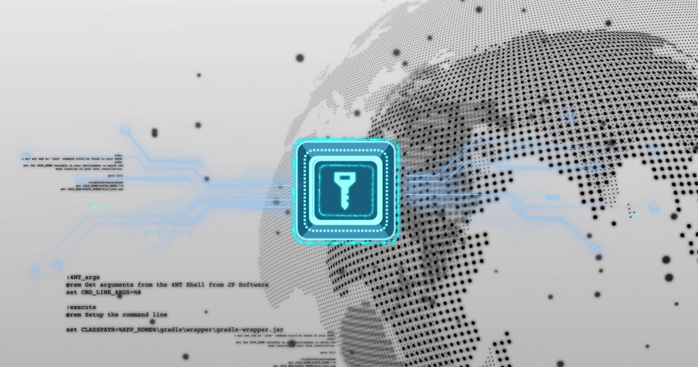 On load glowing key icon pulsing, matrix globe rotating, code scrolling illustrating data filtering