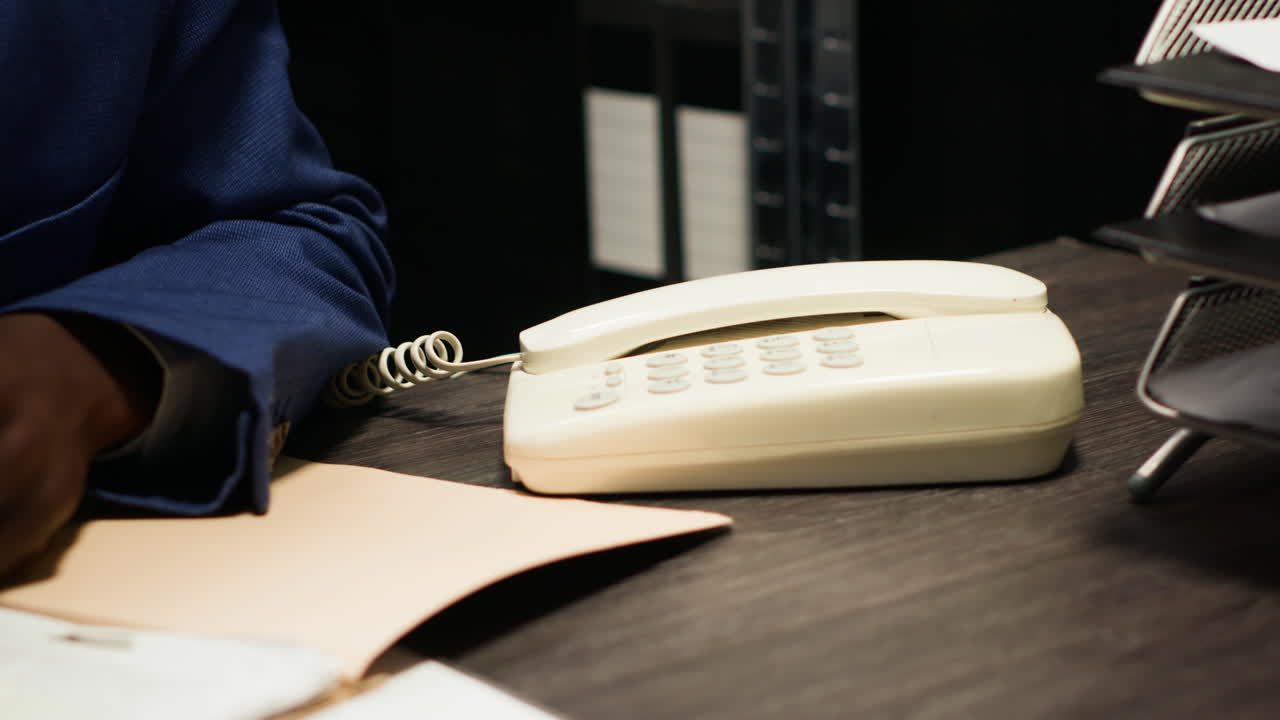 Man on phone in office with files