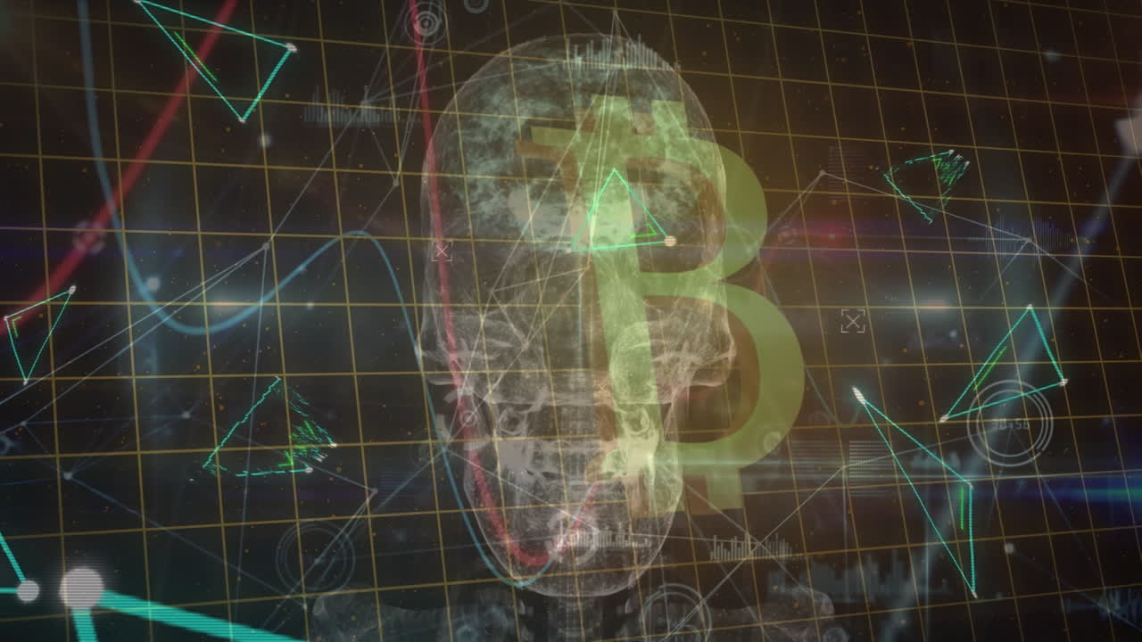 animación de cráneo y bitcoin sobre procesamiento de datos y burbujas en fondo negro