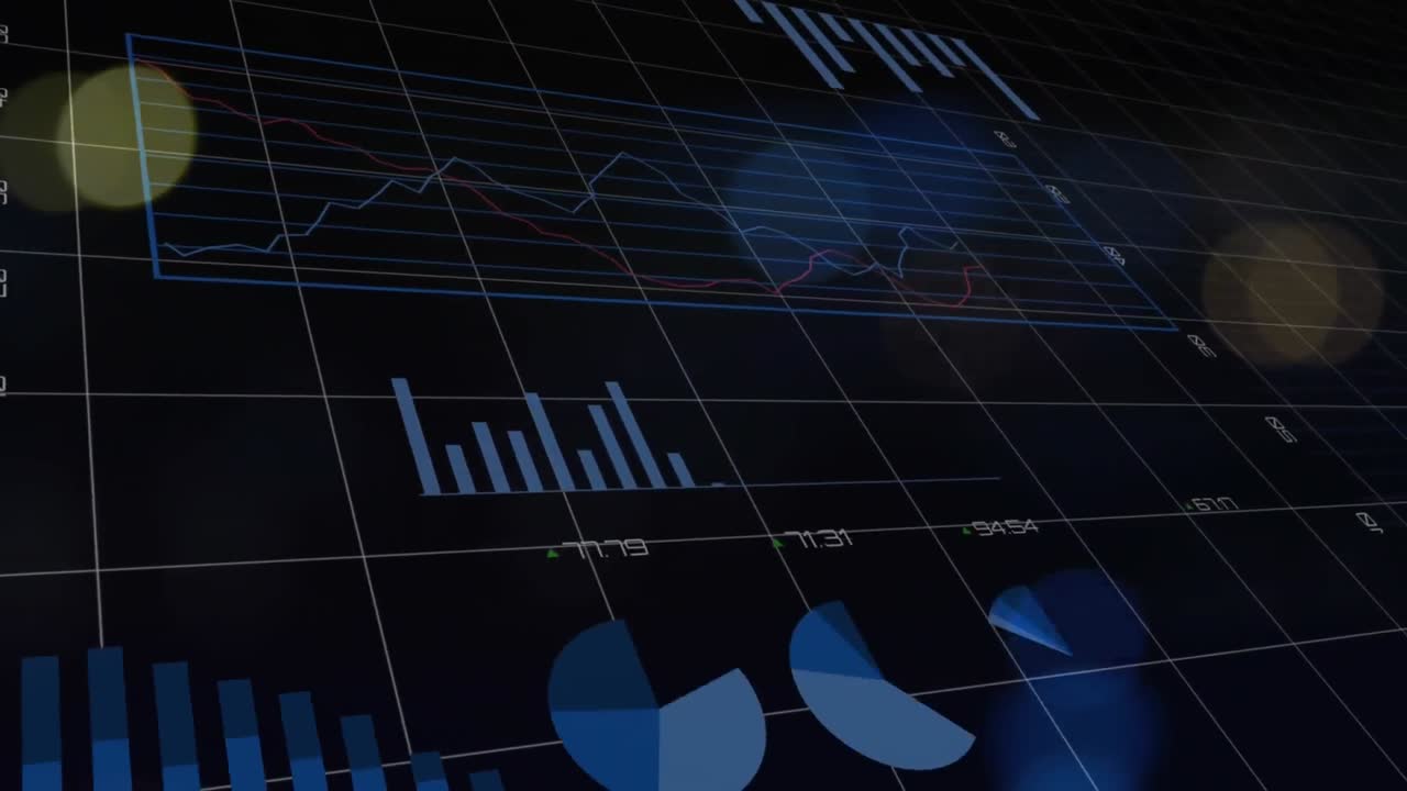 animación de múltiples gráficos y números cambiantes con cuadrícula sobre el destello de la lente iluminada