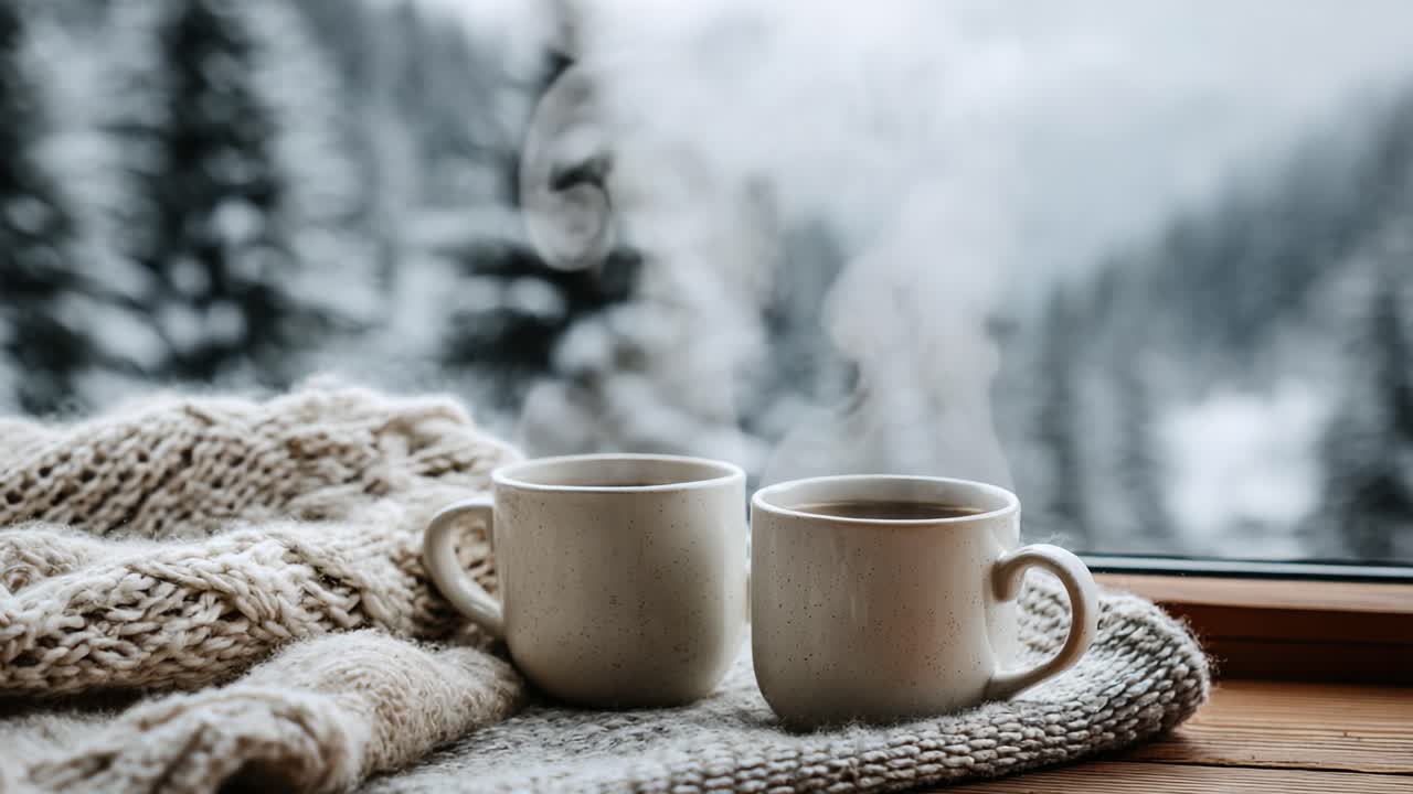 Caldi Momenti Invernali: Tazze Accoglienti di Caffè Adagiate Accanto alla Finestra con una Vista Panoramica Ghiacciata di Alberi Innevati e una Morbida Coperta Lavorata a Maglia