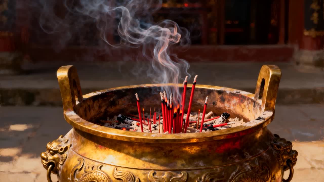 Braci che producono fumo, incensiere che emana volute di fumo da bastoncini rossi all'ingresso del tempio per il culto