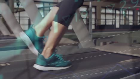 Animation-of-data-processing-over-caucasian-woman-running-on-treadmill-exercising-in-gym