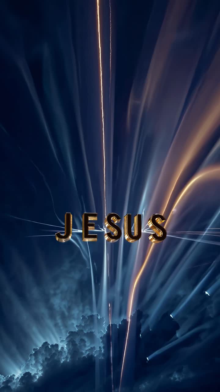 A dramatic video still with a low-angle view, showcasing the word 'JESUS' amidst radiant, golden