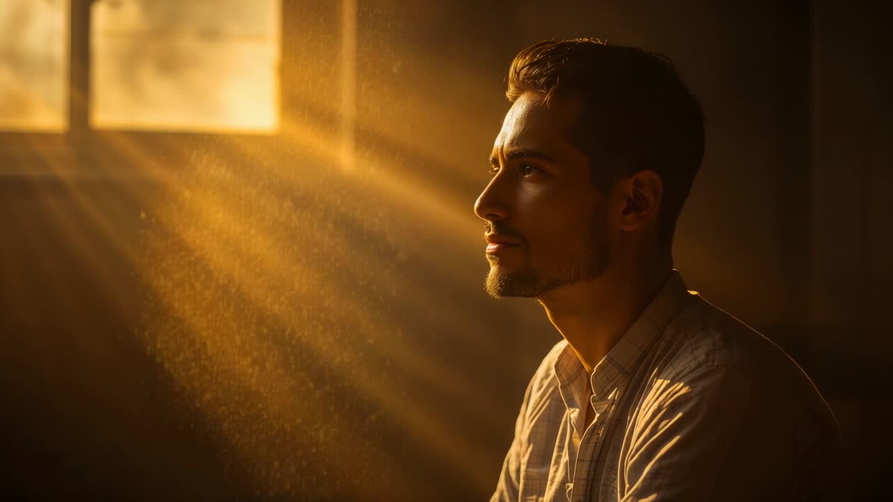 Uomo seduto con camicia abbottonata che osserva la luce muoversi attraverso la finestra, mostrando la polvere nello studio, con spazio per il testo